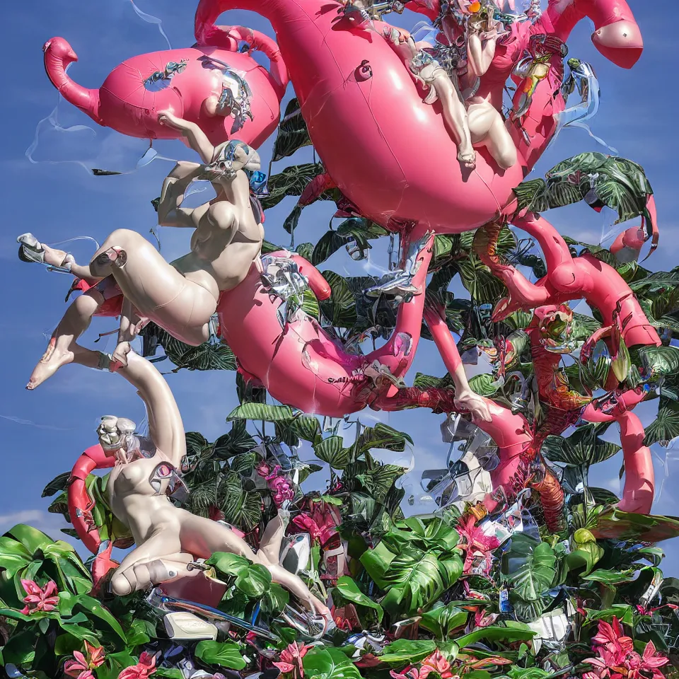 Image similar to an extreme close - up of a statue chrome cyborg lycra nymph battling a giant inflatable flamingo pool float, christmas cactus arnold schwarzenegger and monstera plants, fireworks thick smoke epic clouds, by jeff koons, hajime soryama, boris vallejo, artgerm, greg rutkowski, alphonse mucha