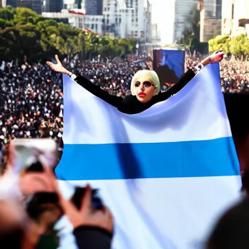 Image similar to Lady Gaga as president, Argentina presidential rally, Argentine flags behind, bokeh, giving a speech, detailed face, Argentina