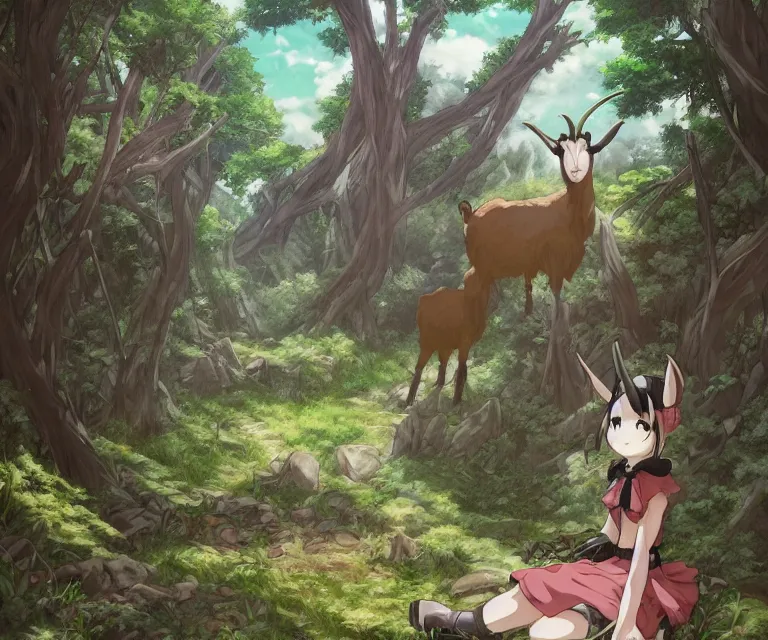 Image similar to goat in a forest, anime fantasy illustration by tomoyuki yamasaki, kyoto studio, madhouse, ufotable, comixwave films, trending on artstation