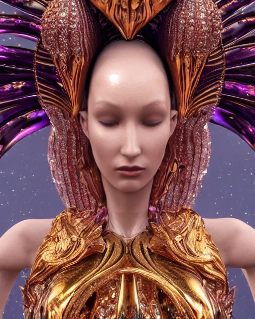 Image similar to a highly detailed metahuman 4 k close up render of an alien goddess bella hadid monument vampire in iris van herpen dress schiaparelli in diamonds crystals swarovski and jewelry iridescent in style of alphonse mucha gustav klimt trending on artstation made in unreal engine 4