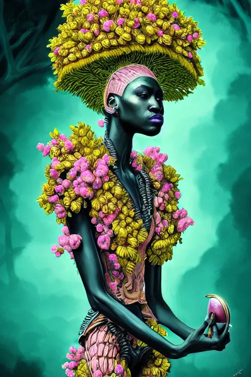 Image similar to illustration neo - rococo cinematic super expressive! yoruba goddess with exoskeleton armor, merging with tree in a forest, pink yellow flowers, highly detailed digital art masterpiece, smooth etienne sandorfi eric zener dramatic pearlescent soft teal light, ground angle hd 8 k, sharp focus