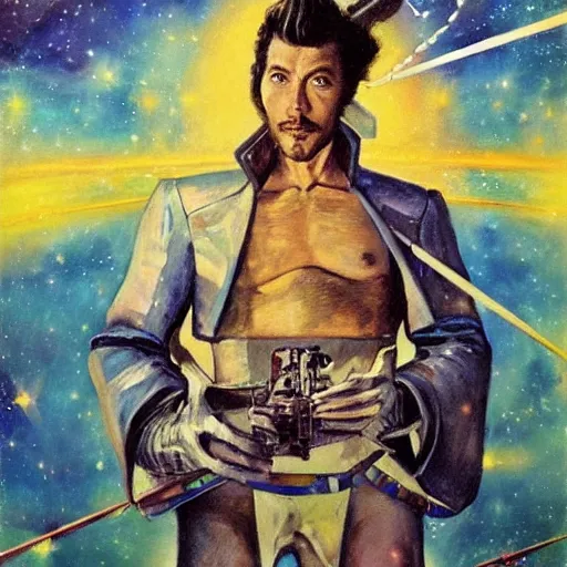 Prompt: portrait of Space Dandy a Dandy Guy in Space wearing an enchanted starbelt whilst brandishing a crossbow jonas de ro tony sart howard pyle alexander benois mikhail vrubel acrylic artwork