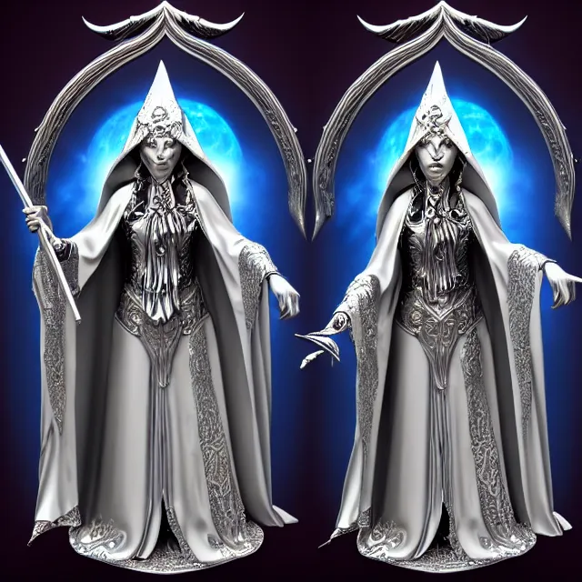 Image similar to elemental moon witch in ornate silver robes and staff, highly detailed, 8 k, hdr, anne stokes