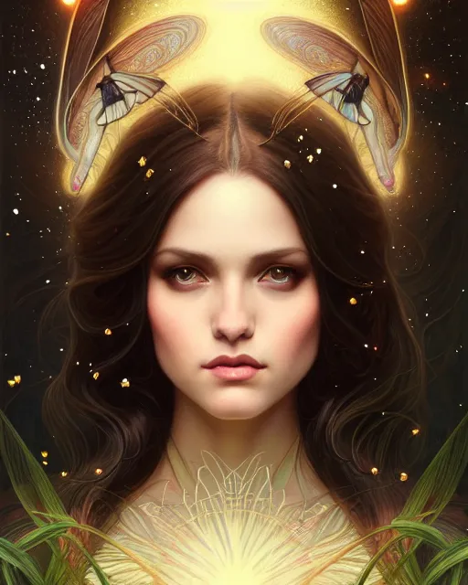 Image similar to symmetry portrait of brunette princess, glam, fae, fireflies, forest background, intricate, elegant, highly detailed, digital painting, artstation, concept art, smooth, sharp focus, illustration, art by artgerm and greg rutkowski and fra angelico and alphons mucha