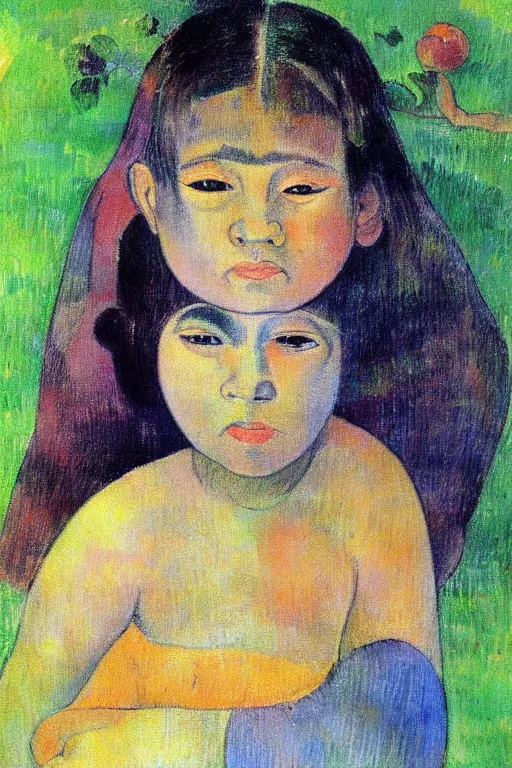 Image similar to “ cute mango girl portrait drawn by paul gauguin ”