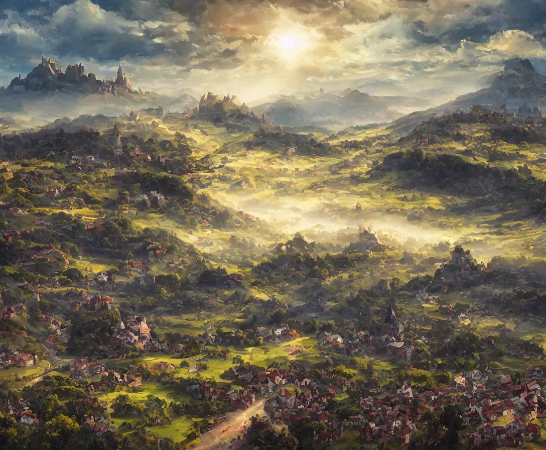 Prompt: Vast verdant empty flat valley surrounded by Transylvanian mountains. A huge zeppelin in the sky among colorful clouds. A ruined medieval castle on the hillside in the background. No villages or buildings. Late warm evening light in the summer, gloomy weather. High quality, fantasy art by Rhads.