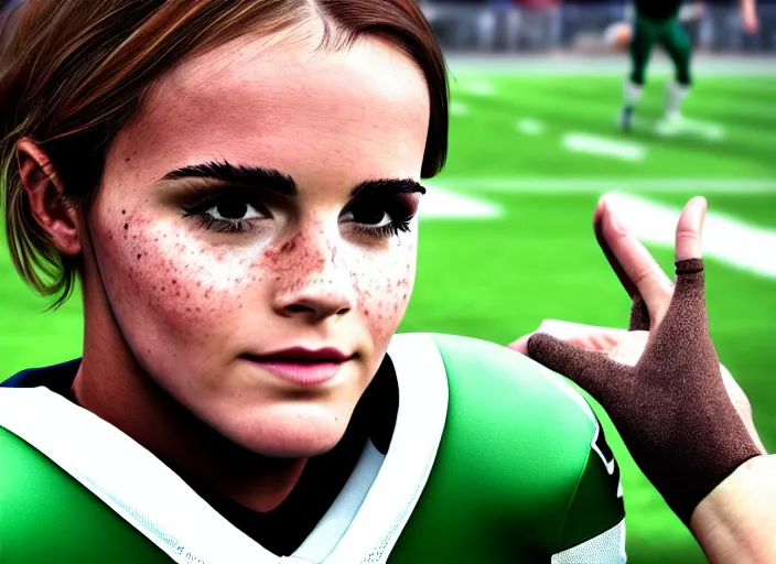 Prompt: facial portrait of a football player on the sidelines, quarterback emma watson, reddit contest winner, madden 2 1, ps 4, character design