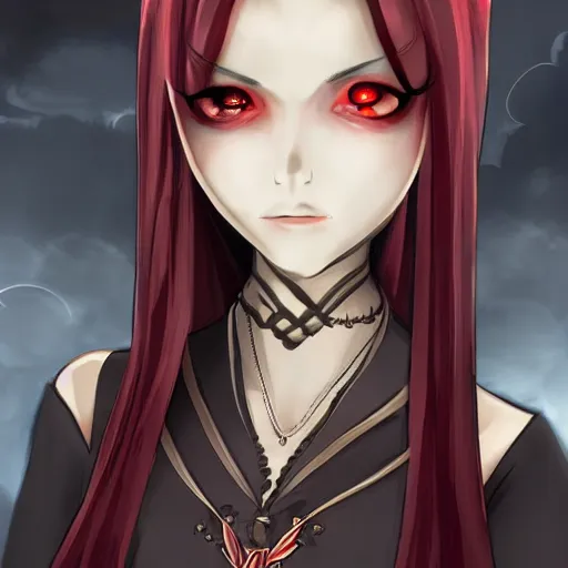 Image similar to female vampire queen character concept art, anime style, many details, pretty face, atmospheric and cinematic