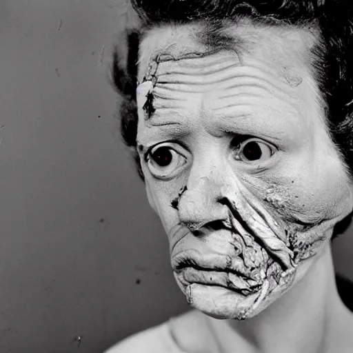Image similar to real life s irradiated person with acute radiation sickness flaking, melting, rotting skin nose has fallen off wearing 1950s clothing background a 1950s nuclear wasteland. Photo is black and white award winning photo highly detailed, highly in focus, highly life-like, facial closeup taken on Arriflex 35 II, by stanley kubrick