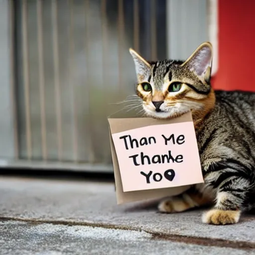 Prompt: a cute tabby cat holding a sign that says