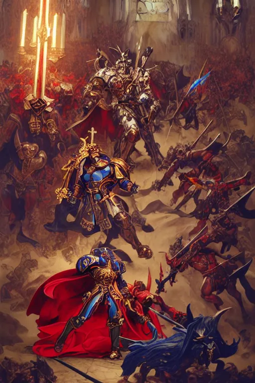 Prompt: epic warhammer battle between human warriors mages and demons, inside cathedrals and abbeys, fullbody!! dynamic action pose, religious, intricate, elegant, highly detailed, digital painting, artstation, concept art, smooth, sharp focus, red and blue color scheme, illustration, art by artgerm and greg rutkowski and alphonse mucha