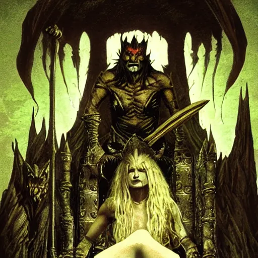 Image similar to goblin king, sitting on a throne, surrounded by his minion, dark fantasy, in the style of ted nasmith