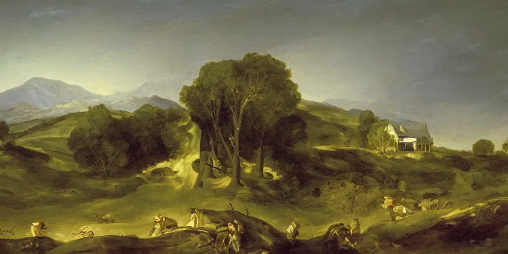Prompt: detailed oil painting of a pipe organ attacking the countryside by Asher Brown Durand and alan lee and goya
