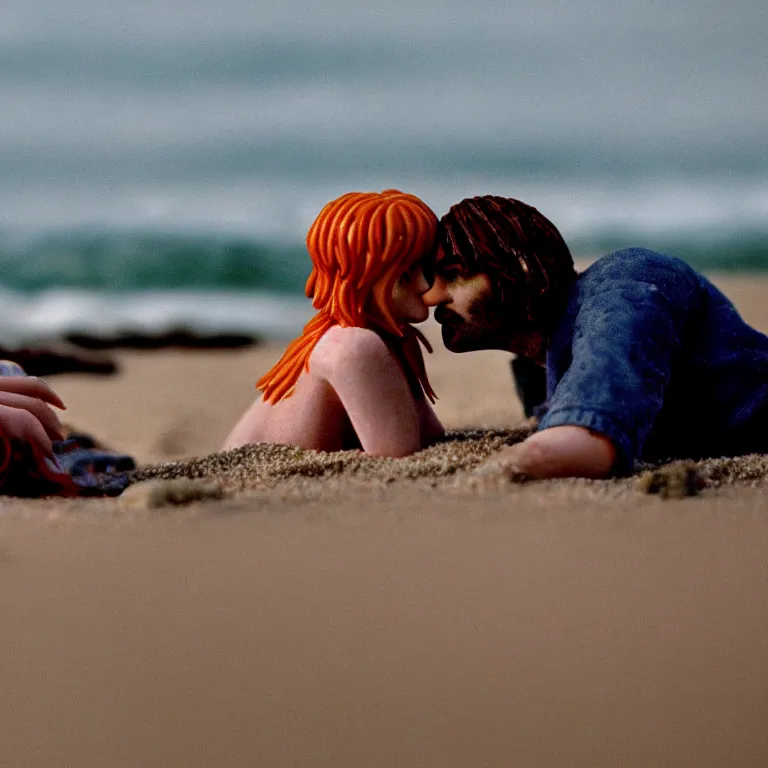 Image similar to a cinematic film still of a claymation stop motion film eternal sunshine of the spotless mind joel and clementine on the beach, shallow depth of field, 8 0 mm, f 1. 8