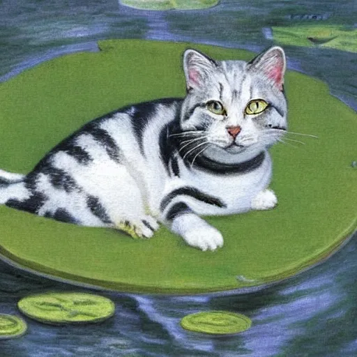 Image similar to a white and grey tabby cat, with a black and grey striped head and white nose, lying on a lilypad floating on a lake, in the style of Water Lilies painting by Monet