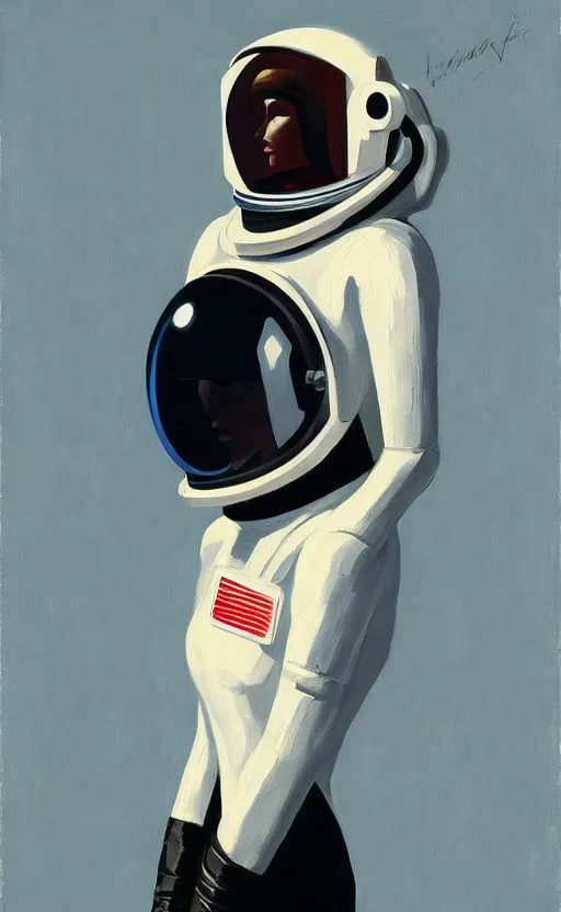 Prompt: Portrait of a woman astronaut with helmet and black latex suit, very coherent, painted by Edward Hopper, painted by James Gilleard, airbrush, art by JamesJean