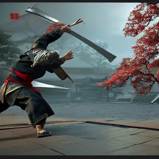 Image similar to an action fight scene between a samurai and a ninja, unreal engine, hyper realistic, high detail, cinematic, magic, japan, temples,