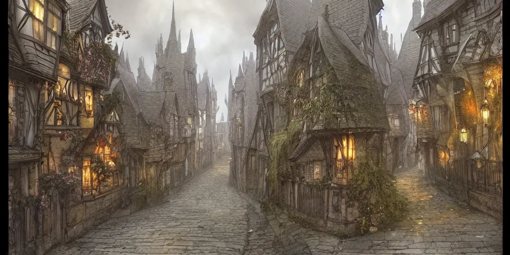 Prompt: a gothic dickensian village, art nouveau, baroque winding cobbled streets, style of arcane, magic the gathering, misty alleyways, tiled roofs, balconies, medieval tumbledown houses, st cirq lapopie, by ian mccaig, brian froud and mucha and alan lee