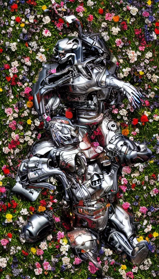 Image similar to destroyed terminator lying in a field of flowers, twisted, chrome, reflections, anthropomorphic, photorealism, smoke, 8 k, wires, smooth, sharp focus, top view, extremely detailed, hyperrealism, elegant, establishing shot, by jeff koons, artgerm and greg rutkowski