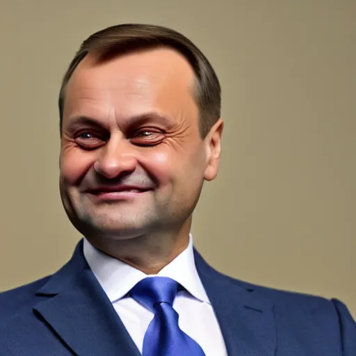 Prompt: Andrzej Duda smiling, caricature