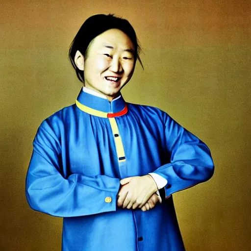 Image similar to realistic photography by araki nobuyoshi of wearing ukrainian traditional shirt designed by taras shevchenko smiling north korean kim chen