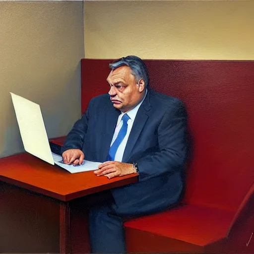 Image similar to viktor orban reading the news on a laptop in a cubicle, oil painting