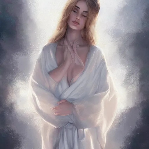 Prompt: Riley Reid, white daoist robes, beautiful, ethereal, digital painting, highly detailed, full body, by Charlie bowater