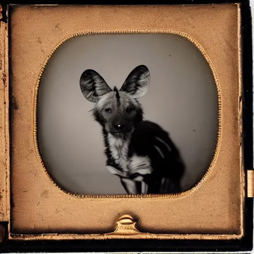 Image similar to A daguerreotype photograph of an African Wild Dog wearing a hat.