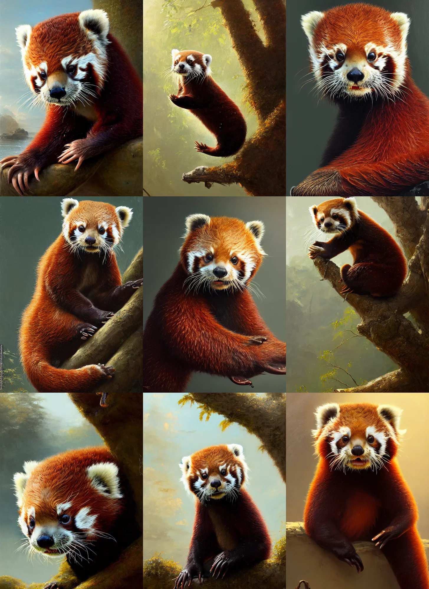 Prompt: highly detailed painting of an anthropomorphic anthropomorphic baby otter red panda by william turner, by greg rutkowski, by william constable, photorealism, 4 k resolution