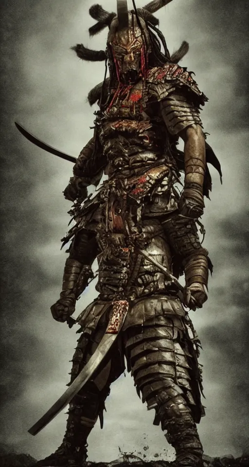 Image similar to movie film poster art for hiroyuki sanada as samurai verses predator. in the style of ansel adams, frank frazzetta, realistic, detailed, octane