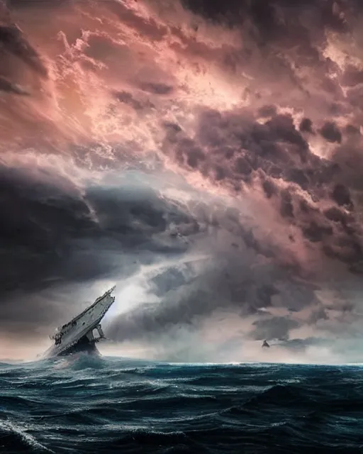 Image similar to a fishing boat on stormy seas, a gigantic star destroyer spaceship flying overhead, the spaceship is ready to fire, the gigantic star destroyer spaceship is emerging from storm clouds, sunset lighting, stormy weather, dramatic lighting, unreal engine, hyper realism, realistic shading, cinematic composition, realistic render, octane render, detailed textures, photorealistic, ultrawide shot, 1 6 mm lens