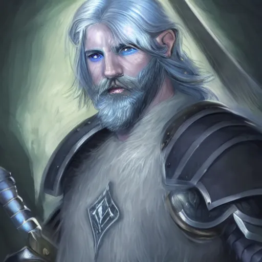 Image similar to A portrait of an Aasimar Paladin with glowing blue eyes, pale grey skin, silver full beard, and silver hair. He has a longsword and wears full plate armor covered in moss. Epic Dungeons and Dragons fantasy art.