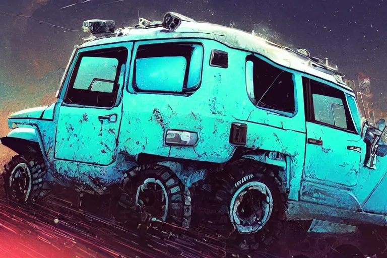 Image similar to digital illustration of a futuristic faded cyan mad max's fj 4 0 decrepit!!!! pursuit special, rusty!!! cyberpunk nissan fj cruiser heavily modded 1 9 9 0 s, the last v 8 interceptor by makoto shinkai, ilya kuvshinov, lois van baarle, rossdraws, basquiat