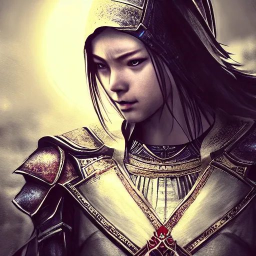 Prompt: unknown assassins creed : japan, female character portrait, clothed in highly detailed assassins armour, feudal japan vibes, atmospheric lighting, painted, intricate, mist, cold, golden ratio, volumetric lighting, beautiful, blue moon light, sharp focus, ultra detailed, by leesha hannigan, ross tran, thierry doizon, kai carpenter, ignacio fernandez rios