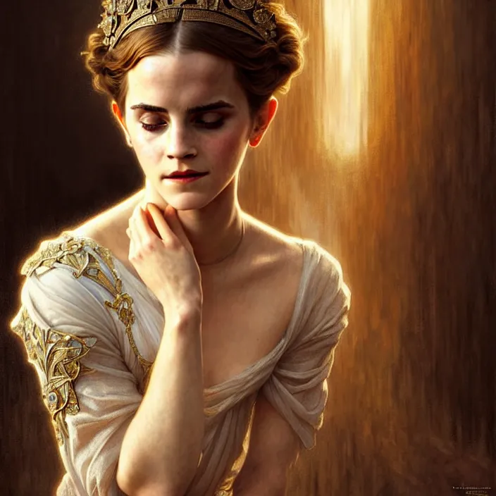 Prompt: ancient queen emma watson, diffuse lighting, fantasy, intricate, elegant, symetrical, highly detailed, lifelike, photorealistic, digital painting, artstation, illustration, concept art, smooth, sharp focus, art by john collier and albert aublet and krenz cushart and artem demura and alphonse mucha