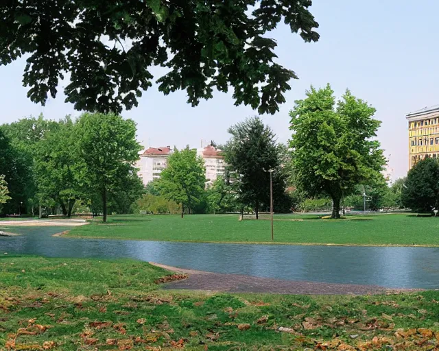 Image similar to a park with trees and buildings in the background, a photo by zlatyu boyadzhiev, deviantart, danube school, panorama, 1 9 9 0 s, creative commons attribution