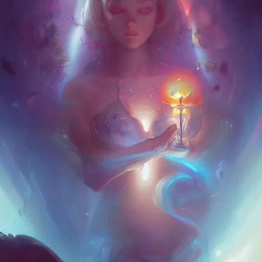 Prompt: cute girl reaching enlightment in dmt trip by peter mohrbacher and emmanuel shiu and martin johnson heade and bastien lecouffe - deharme