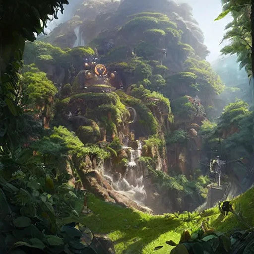 Image similar to worm's eye view of overwatch headquarters carved inside a mountain surrounding a lush well kept garden, central waterfall, magical, natural light, fantasy, sharp focus, concept art, by greg rutkowski and craig mullins, cozy atmospheric