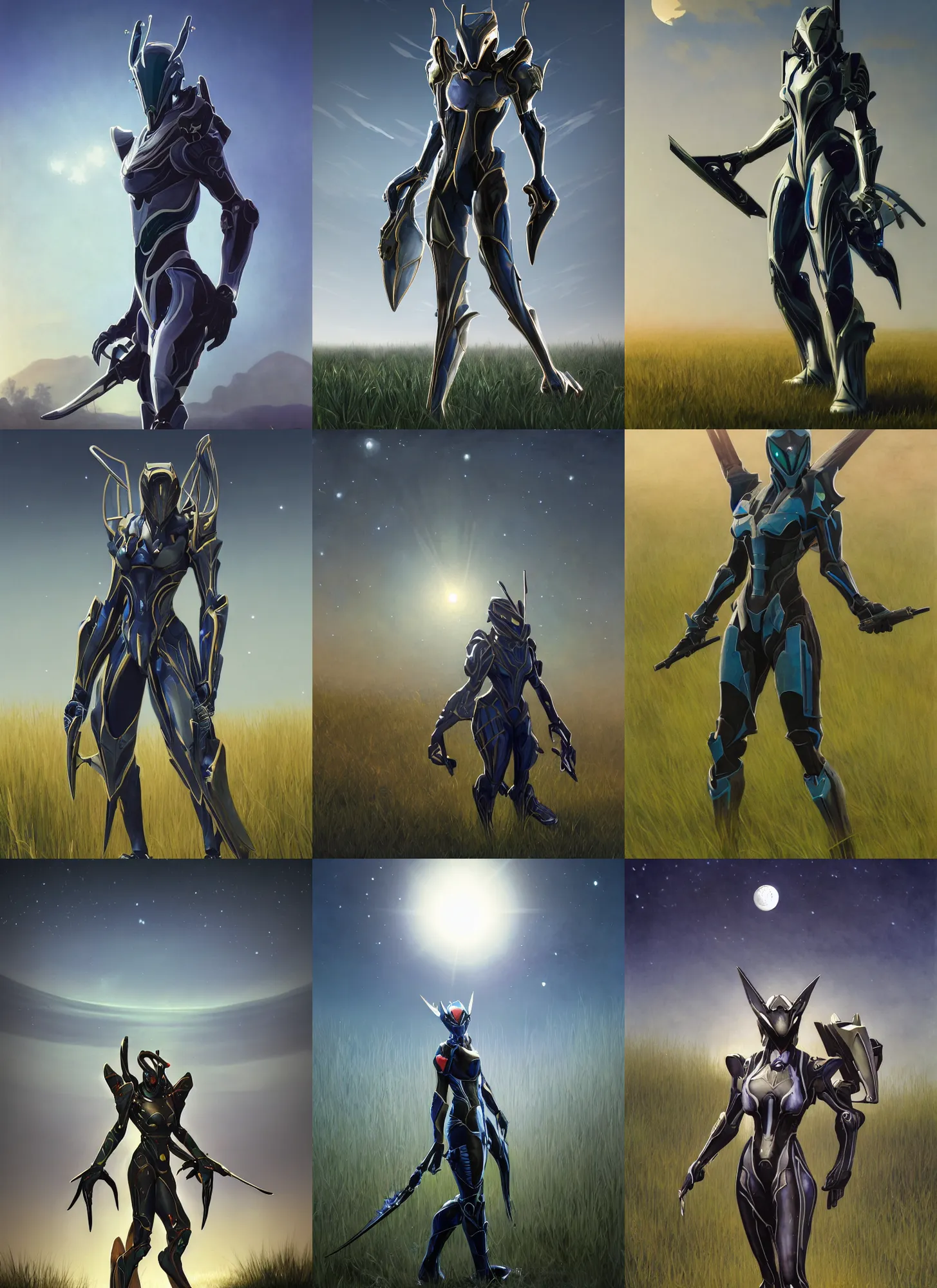 Prompt: warframe standing in a field of grass at night, night time, moonlight, dark blue sky, finely illustrated, highly detailed, colored pencil, good value control, good edge control, cinematic lighting, octane render, watercolor, anime, animation, william - adolphe bouguereau, john singer sargent, 8 k, segmented armor, segmented organic armor,