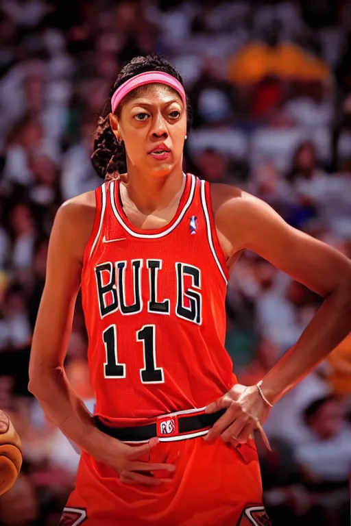 Prompt: candace parker in bulls jersey, high contrast, high saturation cinematic film still