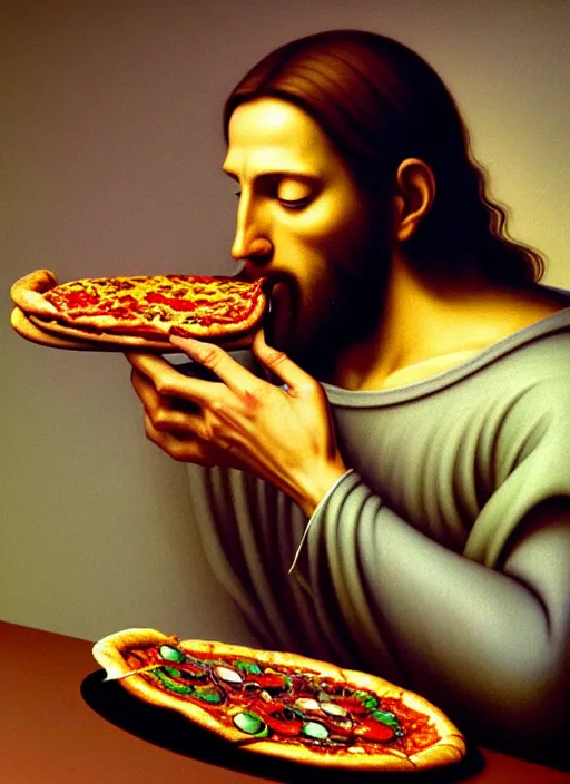 Prompt: hyper detailed 3d render like an Oil painting - Portrait of Jesus Christ eating pizza by Jacek Yerka, Mariusz Lewandowski, Houdini algorithmic generative render, Abstract brush strokes, Masterpiece, Edward Hopper and James Gilleard, Zdzislaw Beksinski, Mark Ryden, Wolfgang Lettl, hints of Yayoi Kasuma, octane render, 8k