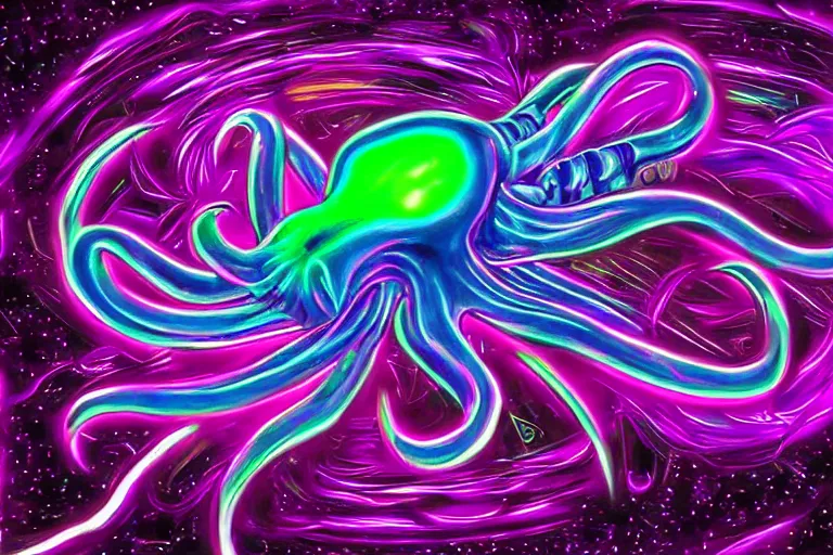 Image similar to digital art of a realistic bright glowing neon purple octopus floating in space by alex grey, (arcylic), ((synthwave)),