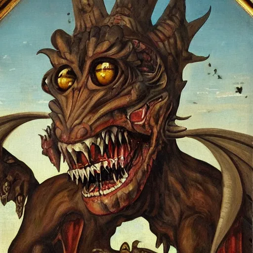 Prompt: an oil painting of an ugly Gargoyle monster, Renaissance painting, Renaissance Port City background, big vampire teeth, angel wings, 1450