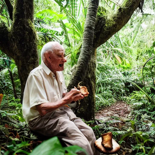 Image similar to an elderly man eating a mushroom in lush tropical jungle, 🍄, canon eos r 3, f / 1. 4, iso 2 0 0, 1 / 1 6 0 s, 8 k, raw, unedited, symmetrical balance, in - frame