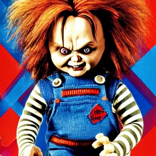 Image similar to Chucky the killer doll from the movie Child's Play VS demonic toys movie poster