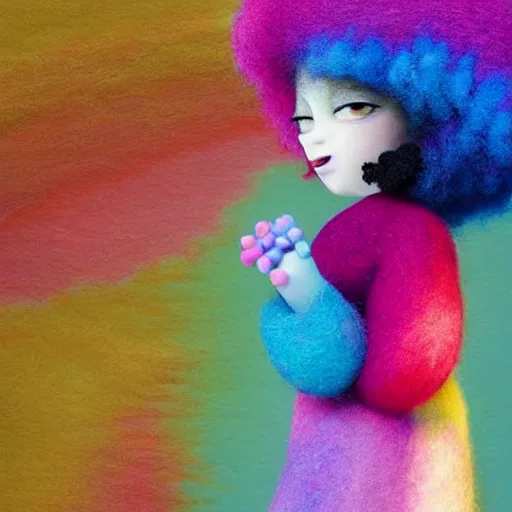 Image similar to a black girl with a colorful afro and rainbow eyes, in a candy forest! at night, bokeh, bright colours, watercolor, volumetric wool felting, macro photography, children illustration, by goro fujita