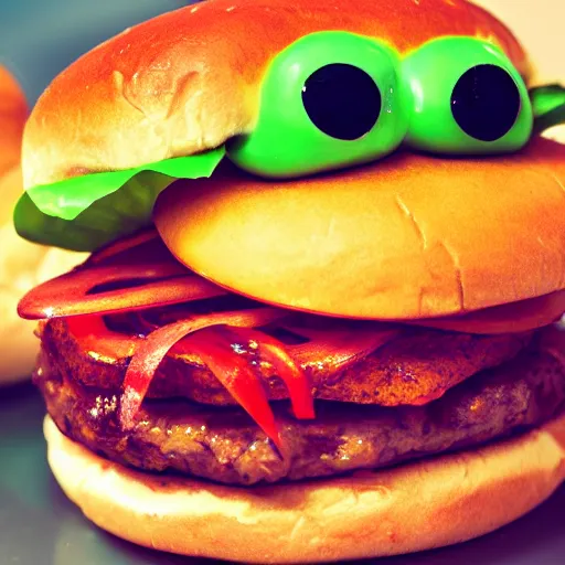 Image similar to lovely hamburger with cute eyes, smiling face, high detailed, high resolution