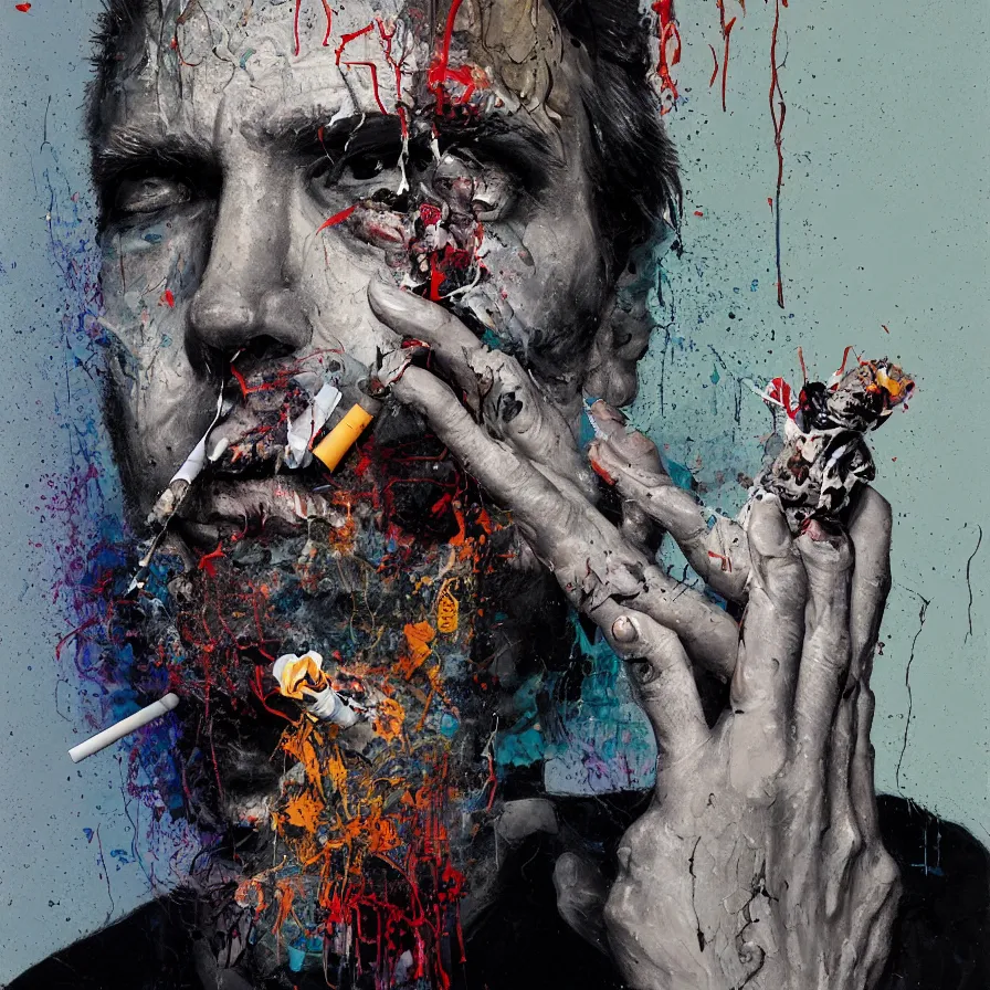 Prompt: portrait of a man with skullface smoking cigarette who stares intently, volumetric lighting, realistic, high quality, by james jean and luc tuymans and vincent lefevre and hernan bas and pat steir, in the style of bruce bickford, digital paint, glitch, psychological, dripping paint, generative art, 8 k high quality render, alter