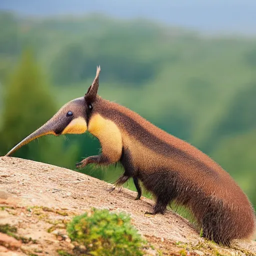Image similar to anteater eating ants at the top of mountain, triunphantly, photograph