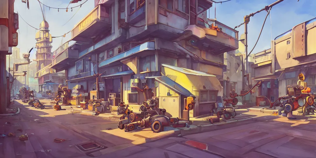 Image similar to overwatch building, stylized, exterior, architecture, in watercolor gouache detailed paintings, insanely detail, artstation, 8 k, futuristic, big medium small, arcane, simon stalenhag, food stall, interesting shapes & form, golden ratio, hard surface, props, lots of decoration and furniture, slums, street, wes anderson